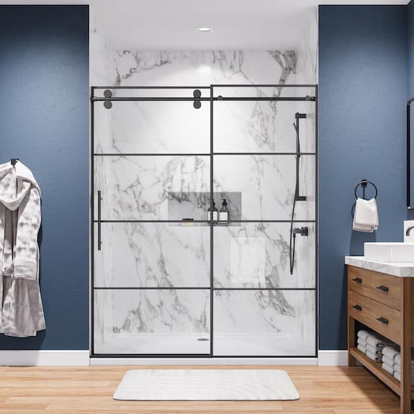 56-60 in. W x 72 in. H Sliding Grid Framed Shower Door in Matte Black Finish with Tempered Glass