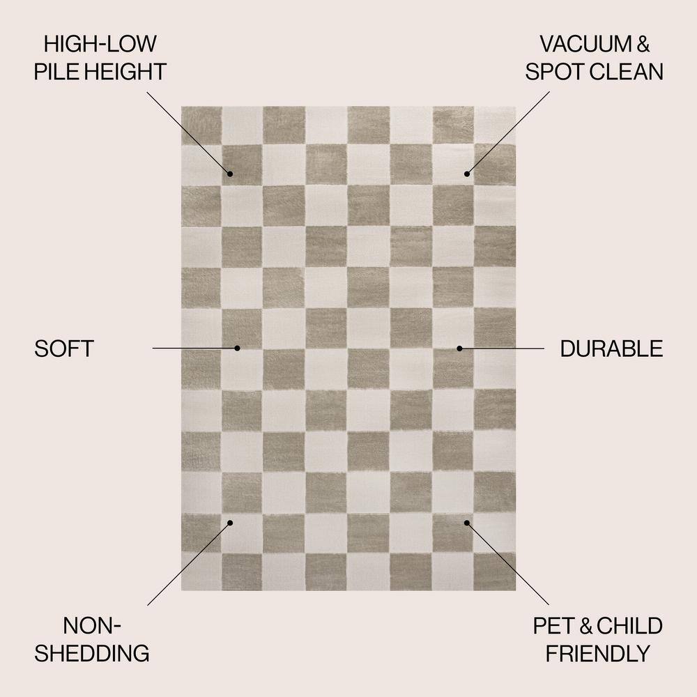Beige and Cream Geometric Checkerboard 3 x 5 Area Rug