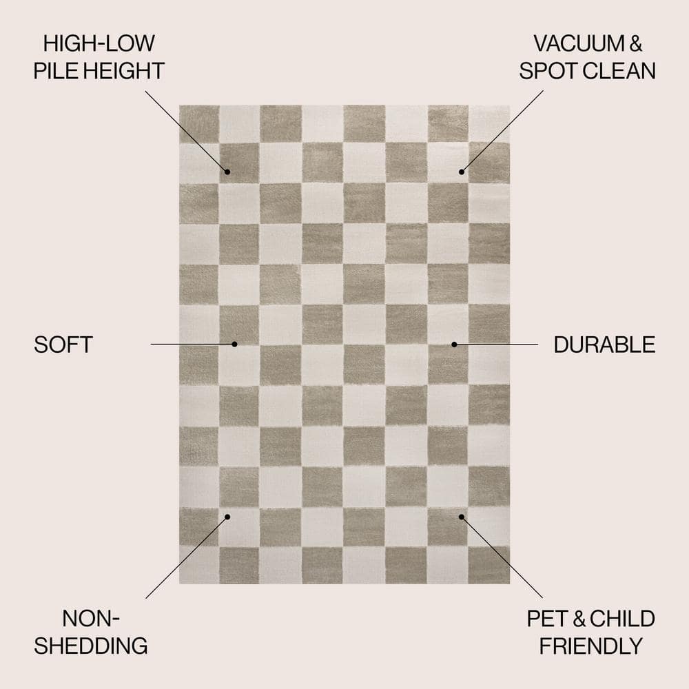 Beige and Cream Geometric Checkerboard 5 x 8 Area Rug