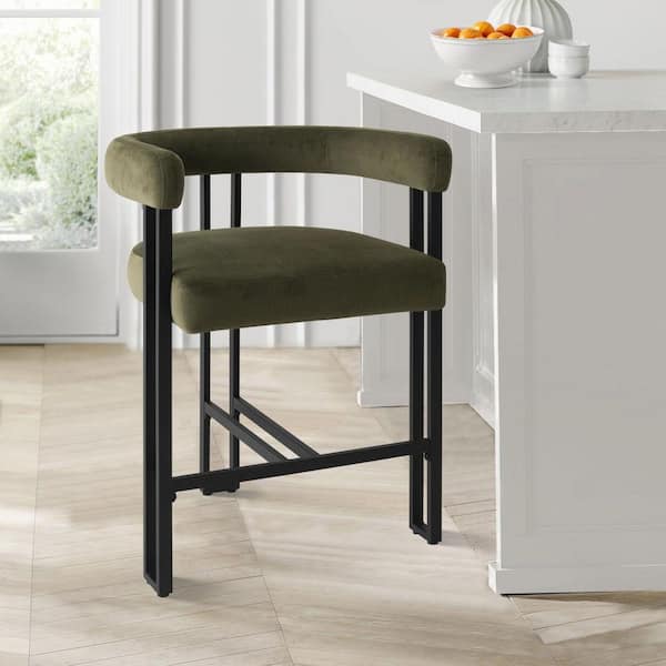 24 in. Seat Height High Back Metal Frame Counter Height Velvet Bar Stool Green Single