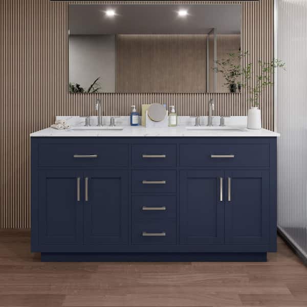 Wyndham Collection Beckett TK 66 in. W x 22 in. D x 35 in. H Double Bath Vanity in Dark Blue with Giotto Quartz Top