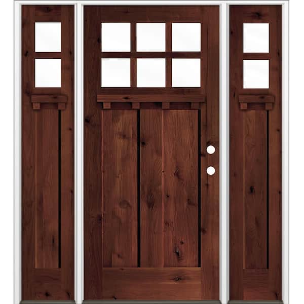 64 in. x 80 in. Knotty Alder Left-Hand/Inswing 6 Lite Clear Glass Red Mahogany Stain Wood Prehung Front Door with DSL DS