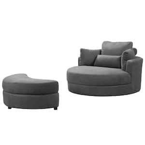 Dark Gray Linen Big Round Swivel Accent Barrel Chair with Storage Ottoman and Pillows