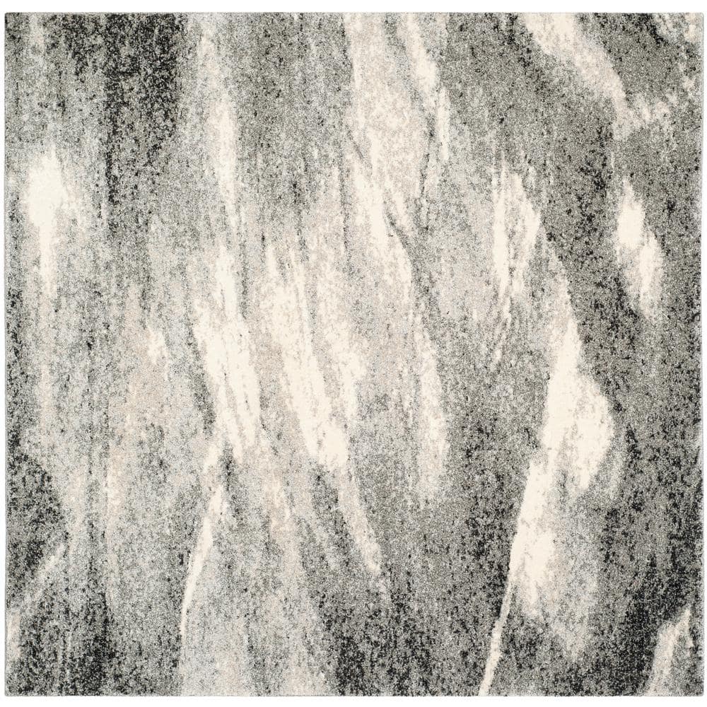 Grey and Ivory Abstract Square Shag Rug, 8' x 8'