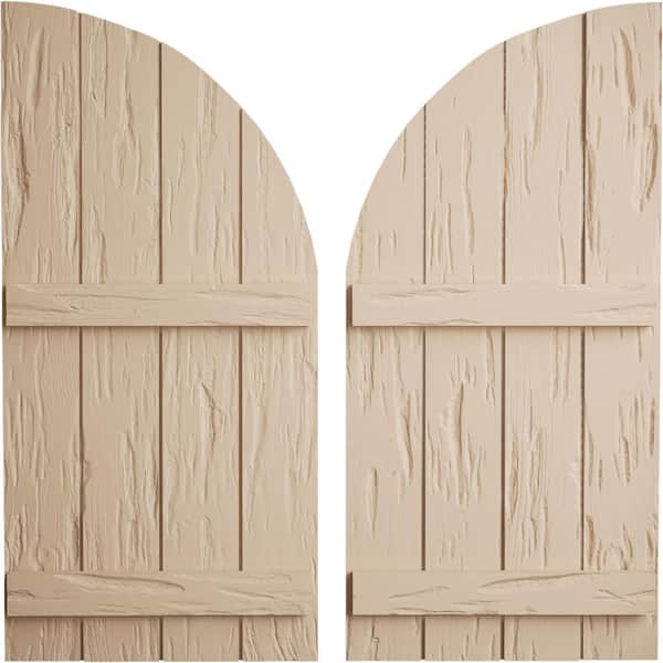 Ekena Millwork 22 in. x 44 in. Polyurethane Pecky Cypress 4-Board Joined Board-n-Batten Quarter Arch Top Shutters Primed Tan