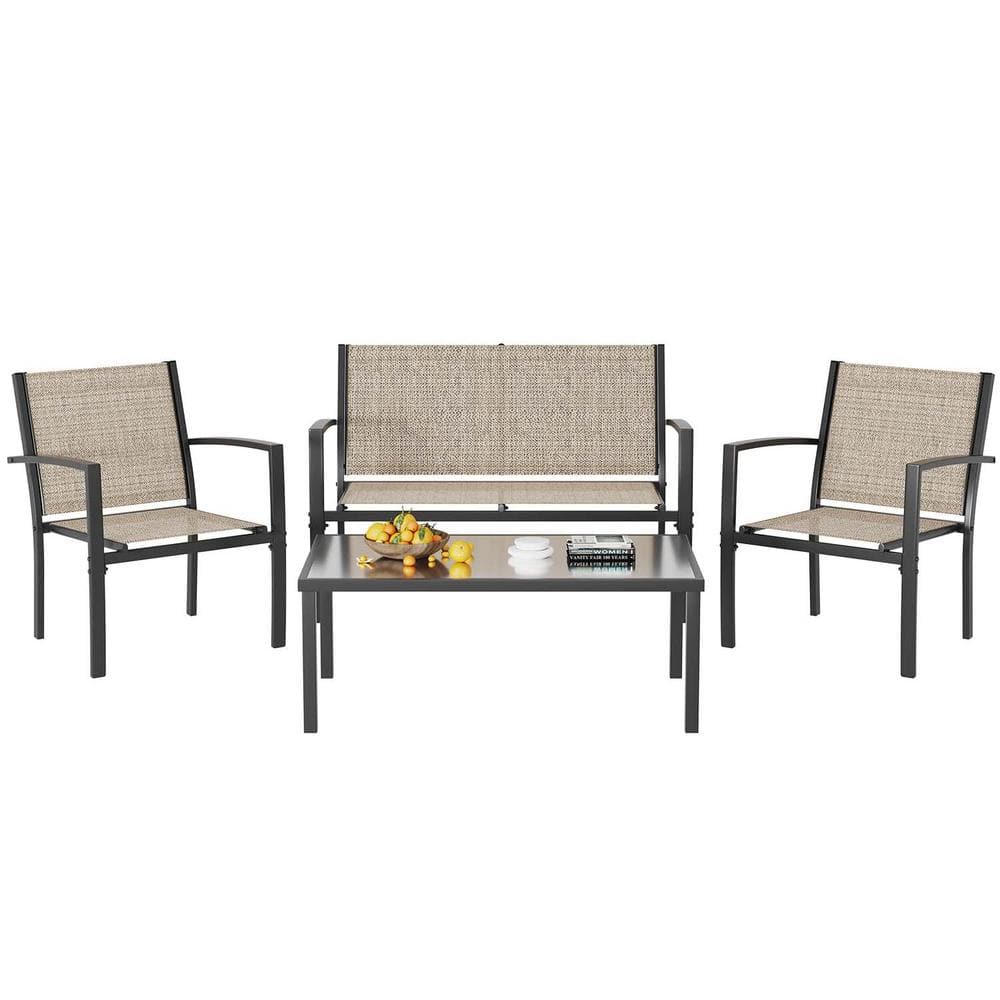 Sudzendf Beige 4-Piece Metal Patio Conversation Seating Set with Coffee ...