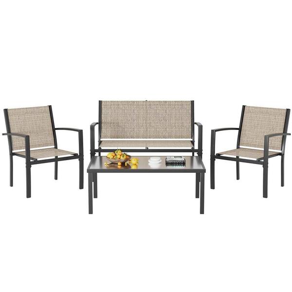 Sudzendf Beige 4-Piece Metal Patio Conversation Seating Set with Coffee ...