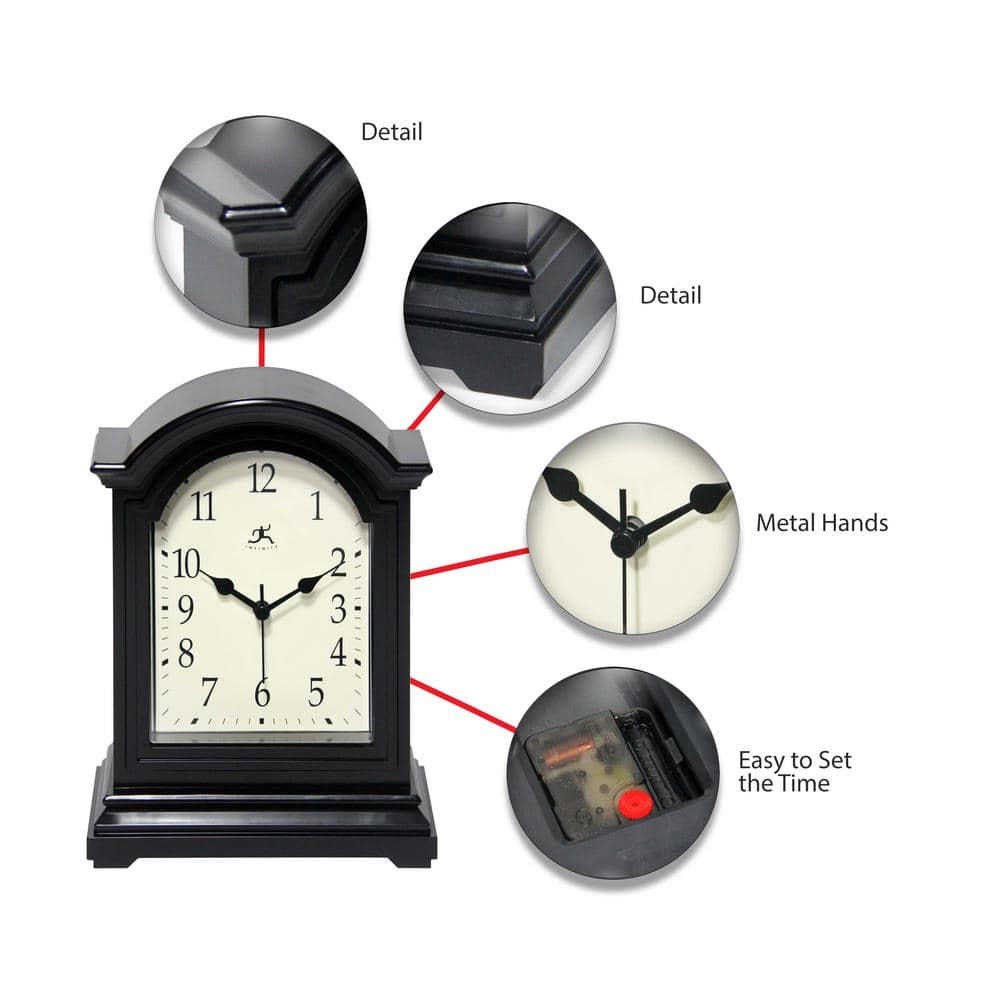 9" Black Plastic Grandfather-Inspired Tabletop Clock with Beige Face