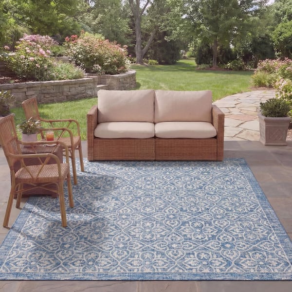 Courtyard Navy/Gray 8 ft. x 11 ft. Border Floral Indoor/Outdoor Area Rug