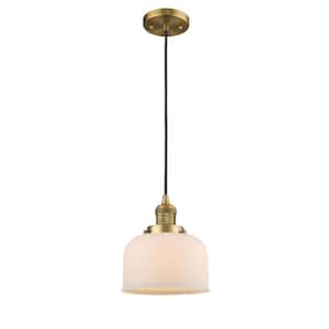 Bell 1-Light Brushed Brass Matte White Shaded Pendant Light with Matte White Glass Shade