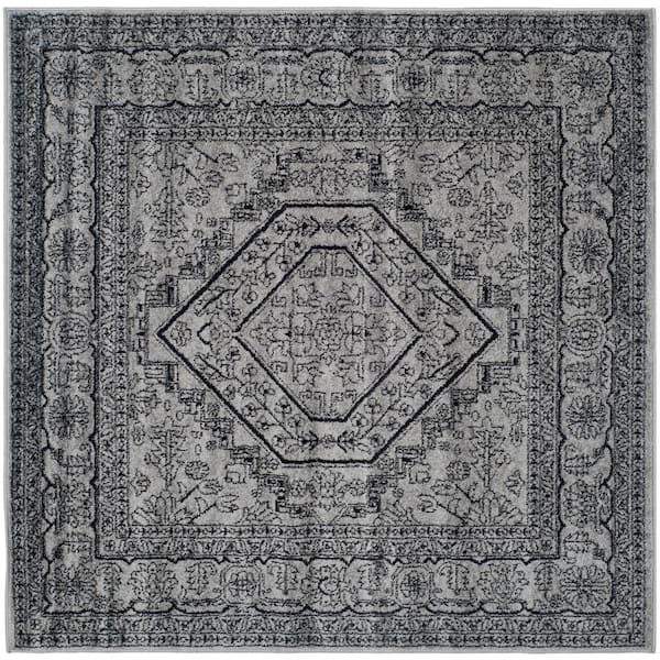Adirondack Silver/Black 4 ft. x 4 ft. Square Medallion Border Area Rug