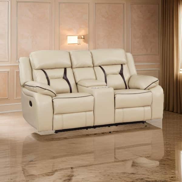 Benjara Beige Faux Leather Manual Dual Recliner Loveseat with Cupholder