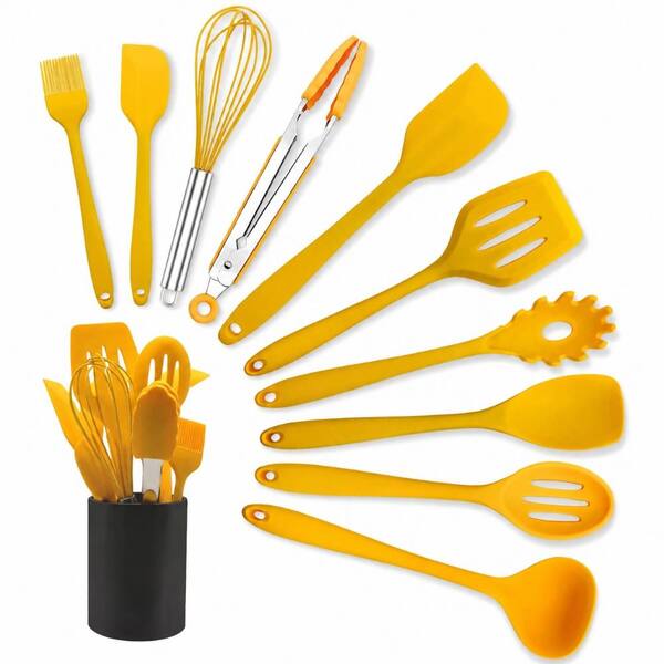 11-Piece Yellow Silicone Kitchen Utensil Set with Iron Holder, Non-Stick BPA-Free Cooking and Baking Tools