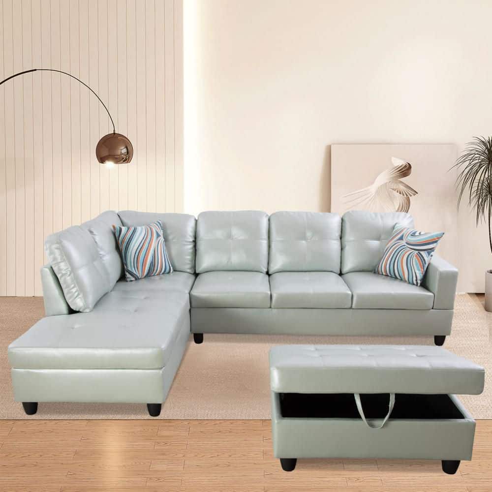 103 in. Faux Leather Wide Straight Arm Mid-Century Modern L-shaped Reclining Sofa in Silver Green price history on PriceWatchPro