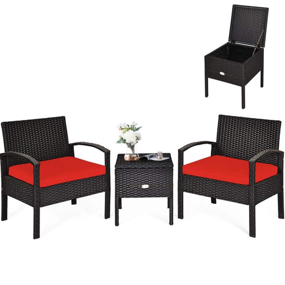 Red Cushioned Black Rattan 2-Person Patio Conversation Set