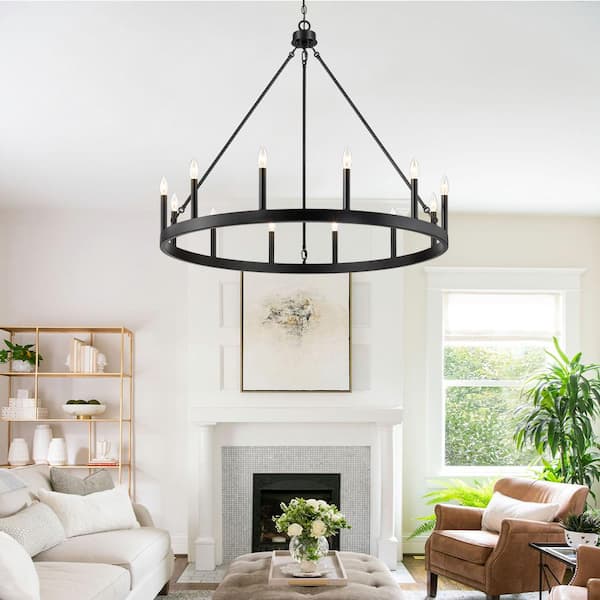 Williston 40 in. 12-Light Black Candlestick Wagon Wheel Chandelier