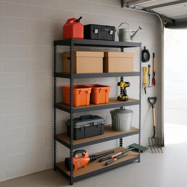 5-Tier Powder-Coated Steel Garage Storage Shelving Unit in Matte Black with HDF Racks (48 in. W x 72 in. H x 24 in. D)