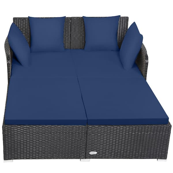 HONEY JOY Wicker Outdoor Day Bed with 4 Pillows and Navy Cushions