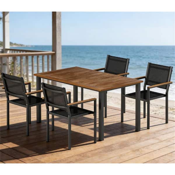 5-Piece Acacia Wood Outdoor Dining Set with Teak Table and 4 Black