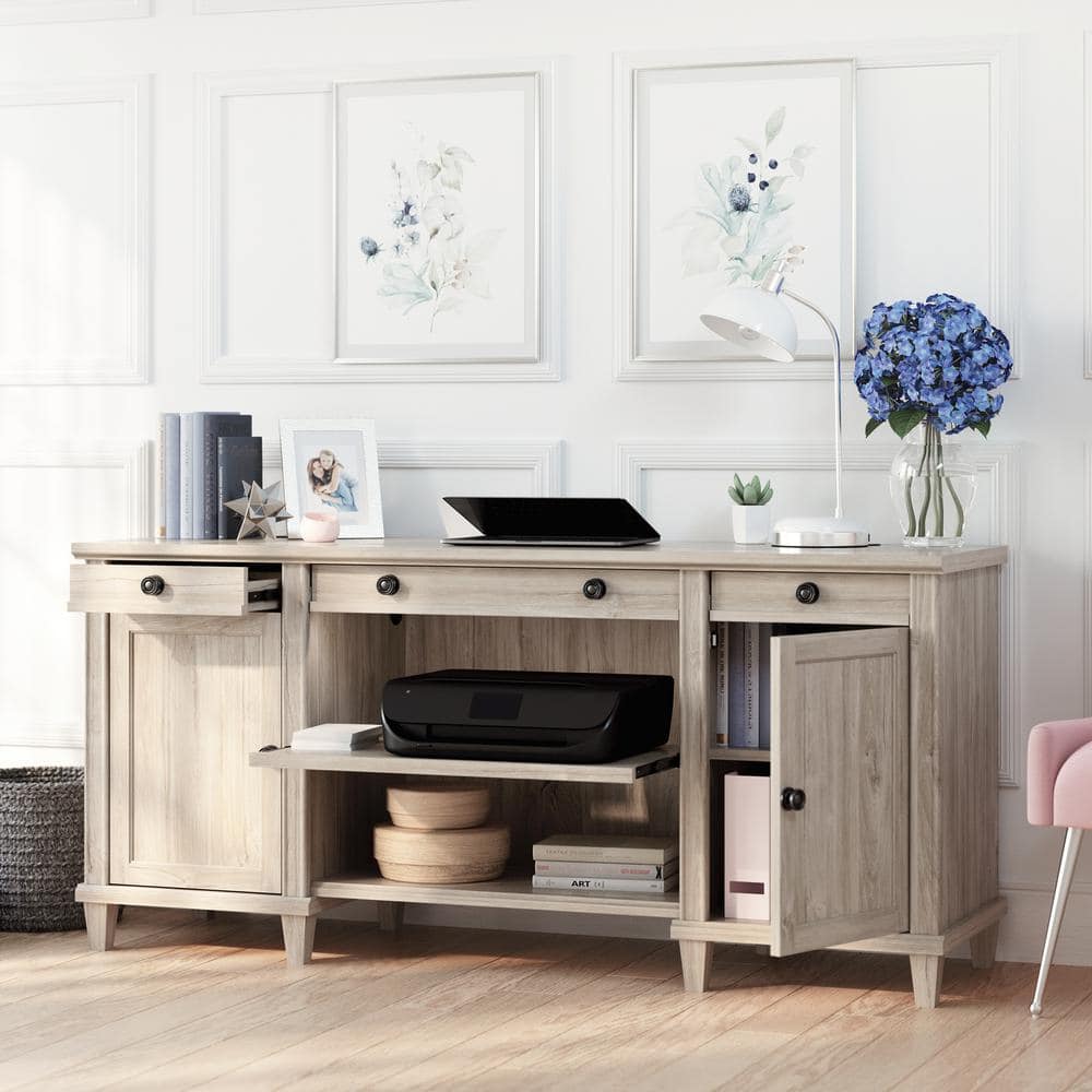 Chalk Oak Wood Credenza with Drawers and Shelves