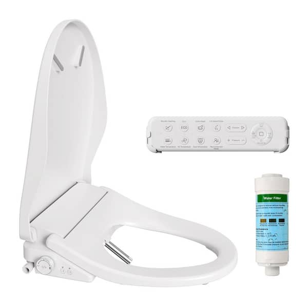 Smart Electric Bidet Seat for Elongated Toilets with Side Knob, Automatic Nozzle Cleaning & Sensor Open Lid in White