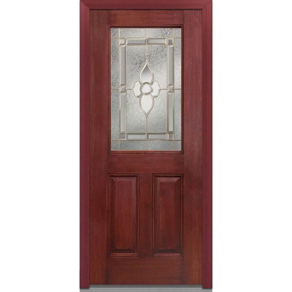 MMI Door 36 in. x 80 in. Master Nouveau Right-Hand Inswing 1/2-Lite Decorative Stained Fiberglass Mahogany Prehung Front Door