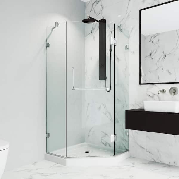 VIGO Piedmont 40 in. L x 40 in. W x 77 in. H Frameless Pivot Neo-angle Shower Enclosure Kit in Chrome with Clear Glass