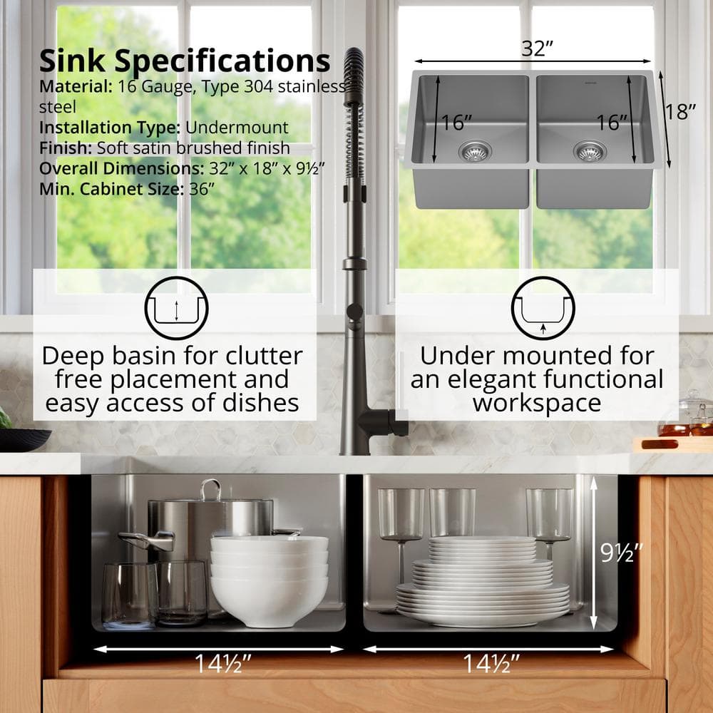 32" Stainless Steel Farmhouse Double Bowl Undermount Kitchen Sink