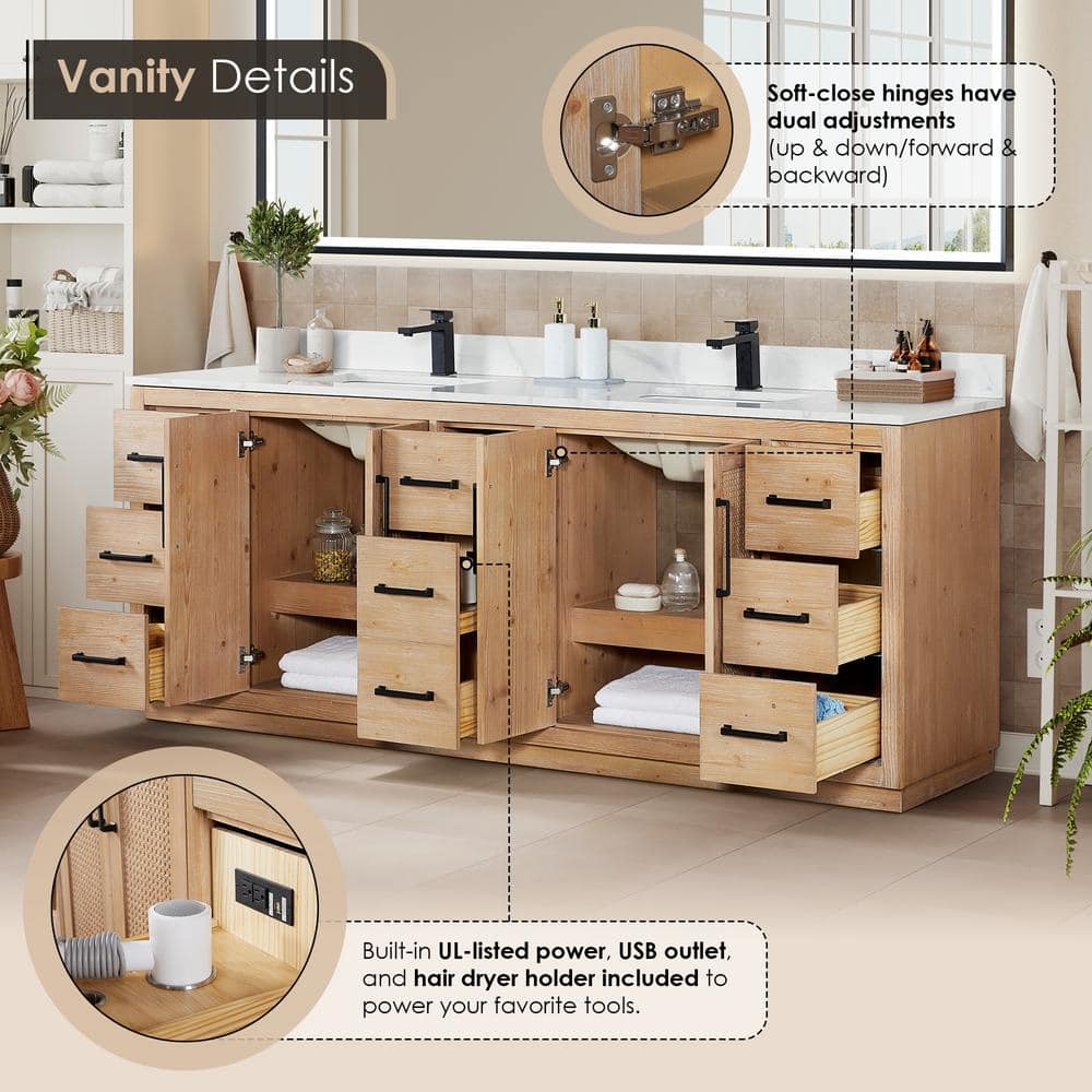 Floral 84" Light Brown Fir Wood Vanity with Calacatta White Quartz Top and Mirror