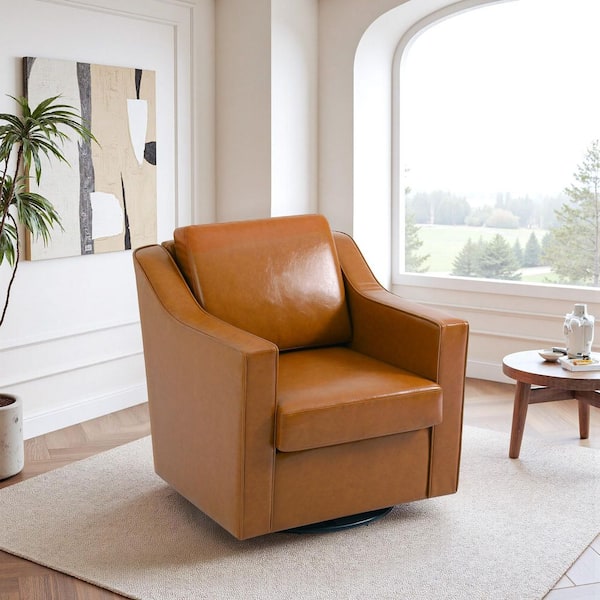 Light Brown Faux Leather Upholstered Swivel Accent Barrel Chair(Set of 1)