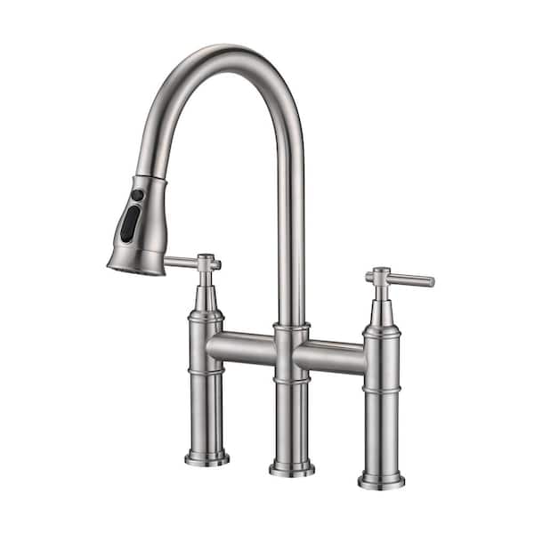 UPIKER Double-Handle 360-DegreeSwivel Spout Bridge Kitchen Faucet with Pull-Down Spray Head and 3 Modes in Brushed Nickel