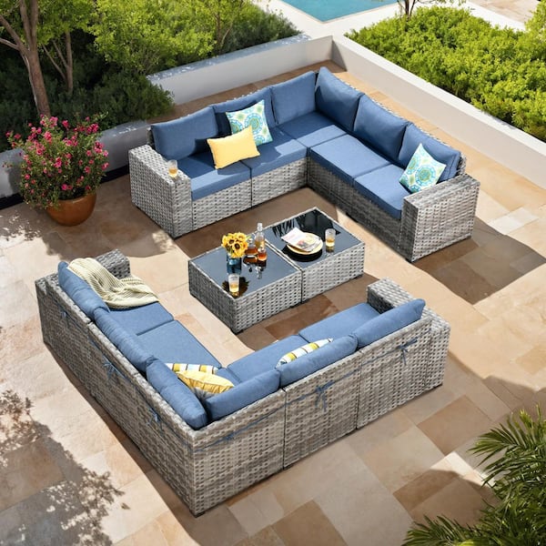 Beatrice 12-Piece Wicker Outdoor Sectional Set with Denim Blue Cushions