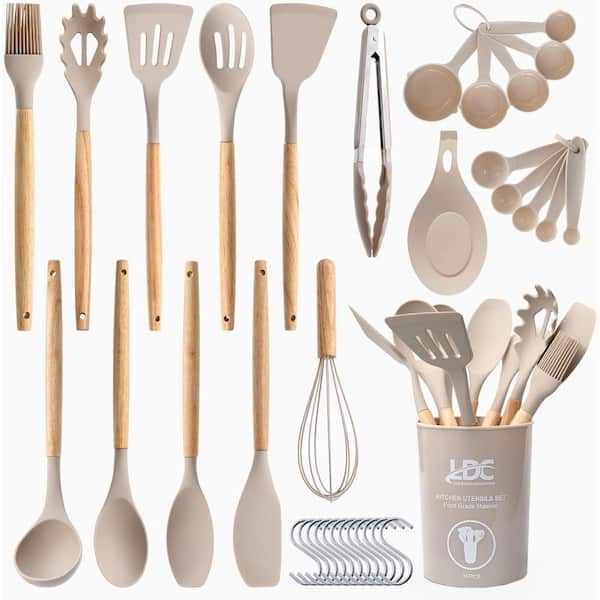 35-Piece Khaki Silicone Heat-Resistant Cooking Utensil Set for Nonstick Cookware