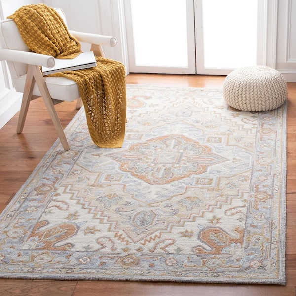 Heritage 4 ft. x 4 ft. Beige/Gray Floral Border Square Area Rug