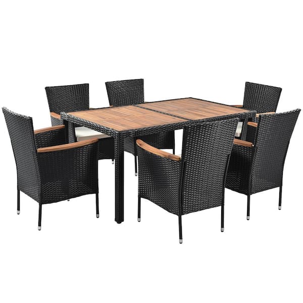 Tunearary 7-Piece PE Wicker Outdoor Dining Set with White Cushions and Acacia Wood Tabletop for Patio Party