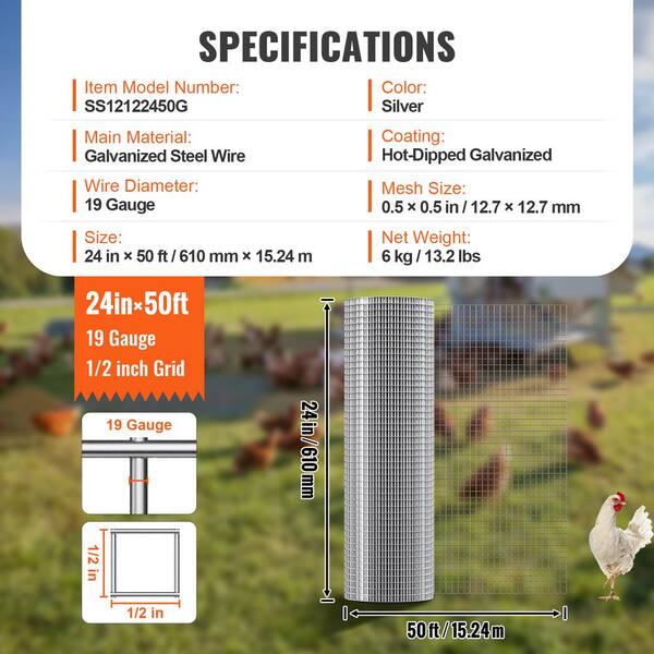 VEVOR Hardware Cloth 1/2 in. x 2 ft. x 50 ft. 19-Gauge Hardware Cloth Galvanized Wire Mesh Roll Chicken Wire Fencing Wire Mesh