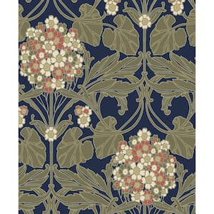 Navy and Terra Cotta Floral Hydrangea Unpasted Nonwoven Paper Wallpaper Roll 57.5 sq. ft.