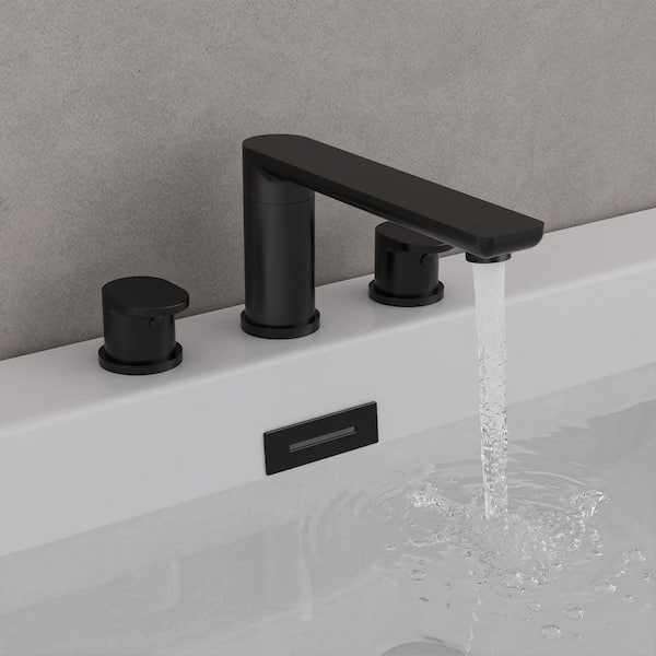 Double Handle Deck Mount Roman Tub Faucet with 360° Swivel Spout in Matte Black