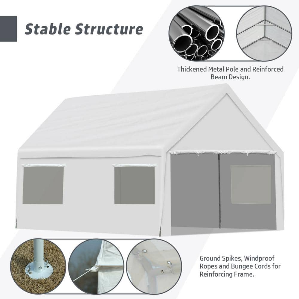 White 10' x 20' Portable Metal Frame Carport with Windows