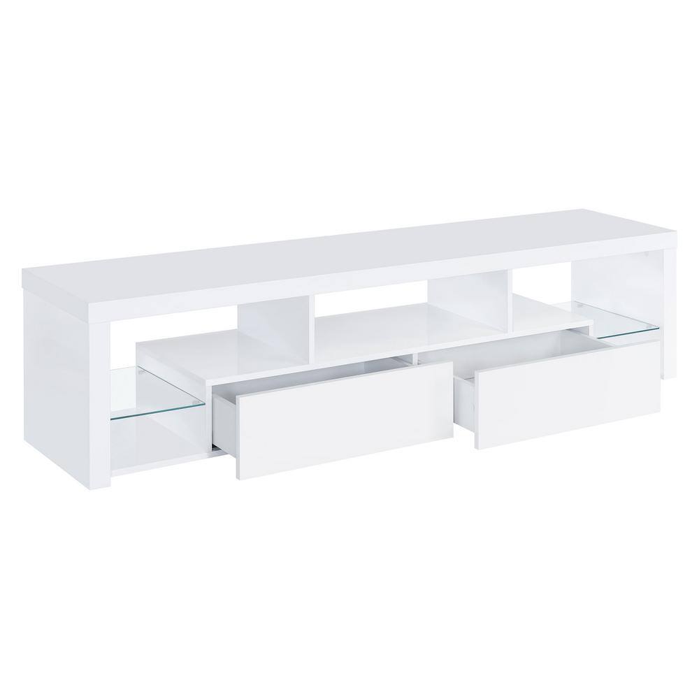 Jude White High Gloss TV Stand with Glass Shelves and Cabinet