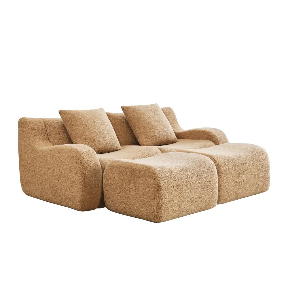Soft Teddy Fabric Curved Armrest Anti-Slip Modular Chaise Lounge Sofa in Camel durable construction