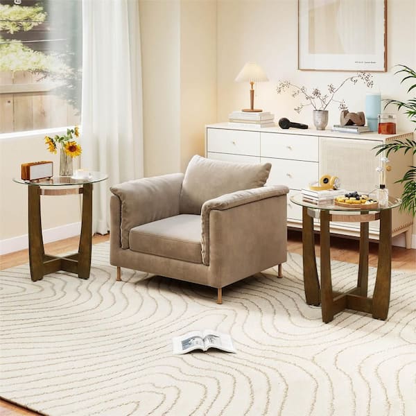 1 Piece 24 in. Walnut Round Glass End Table with Tempered Glass Top Cross