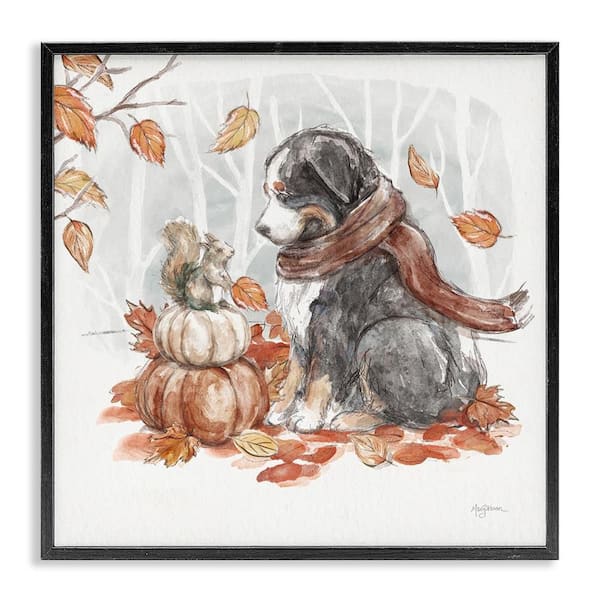 Dog and Fall Pumpkins by Mary Urban Black Framed Graphic Typography Art Print 17 in. x 17 in.