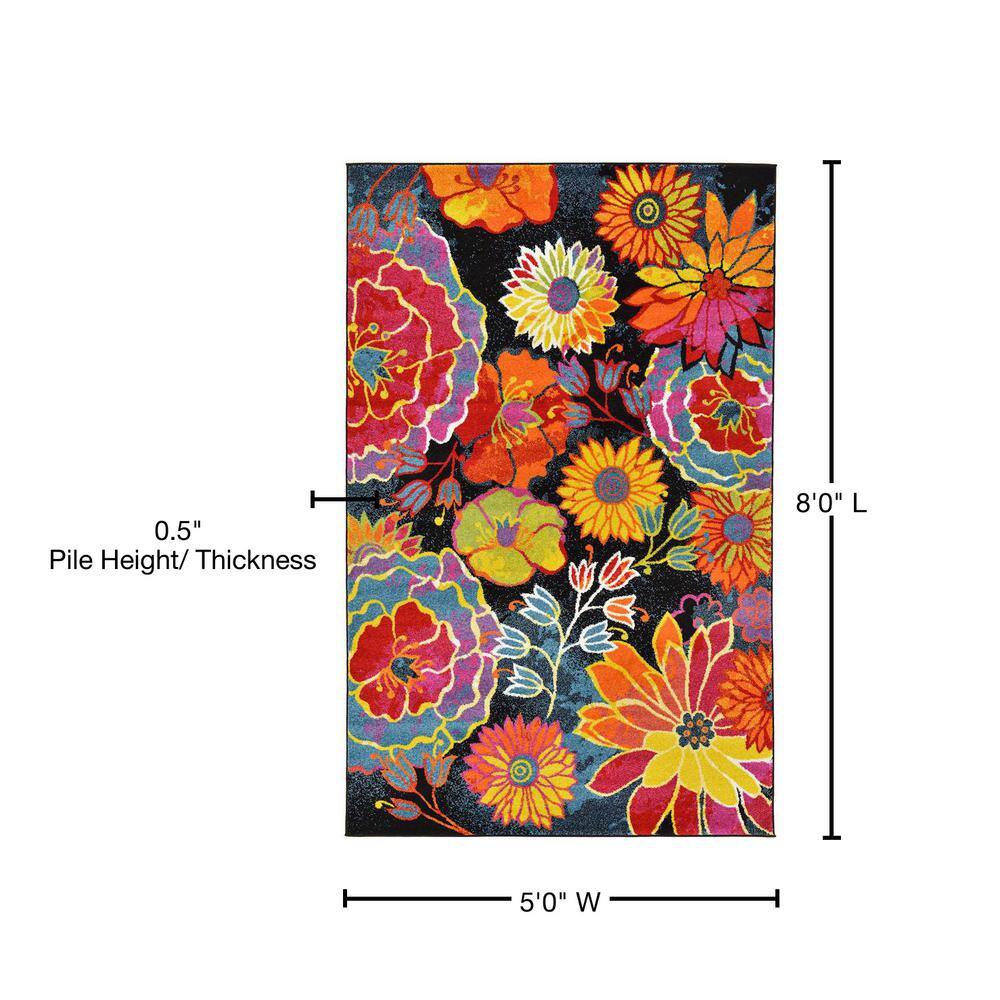 Black Floral Synthetic Rectangular Indoor Area Rug