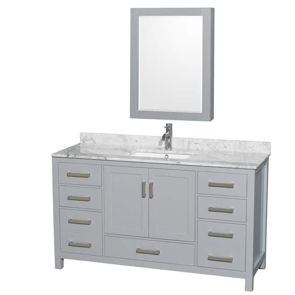 Wyndham Collection Sheffield 60 in. W x 22 in. D x 35 in. H Single Bath Vanity in Gray with White Carrara Marble Top and MC Mirror
