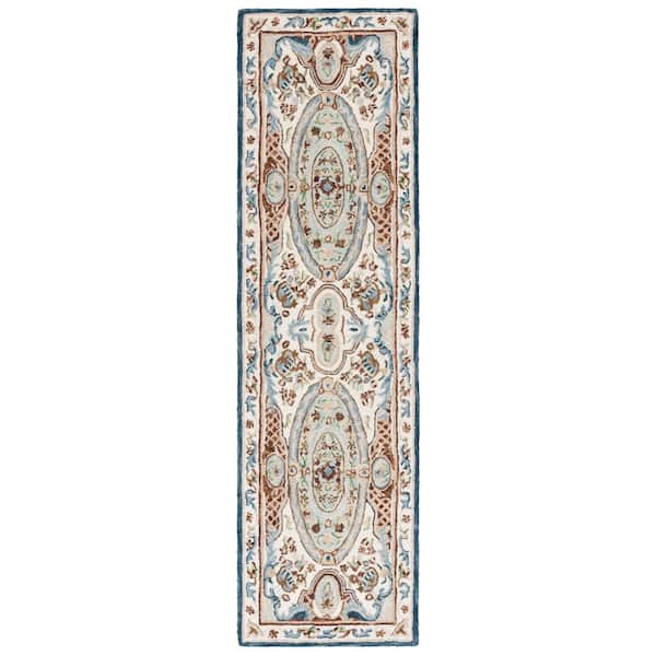 Aubusson 2 ft. x 8 ft. Ivory/Blue Medallion Runner Rug