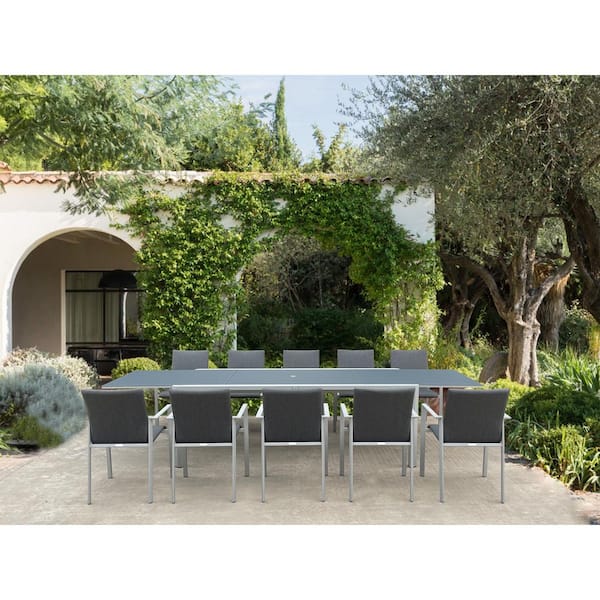 BELLINI HOME AND GARDENS Luzzi Light Gray 11-Piece Aluminum Outdoor Dining Set with Sling Set in Midnight Grey