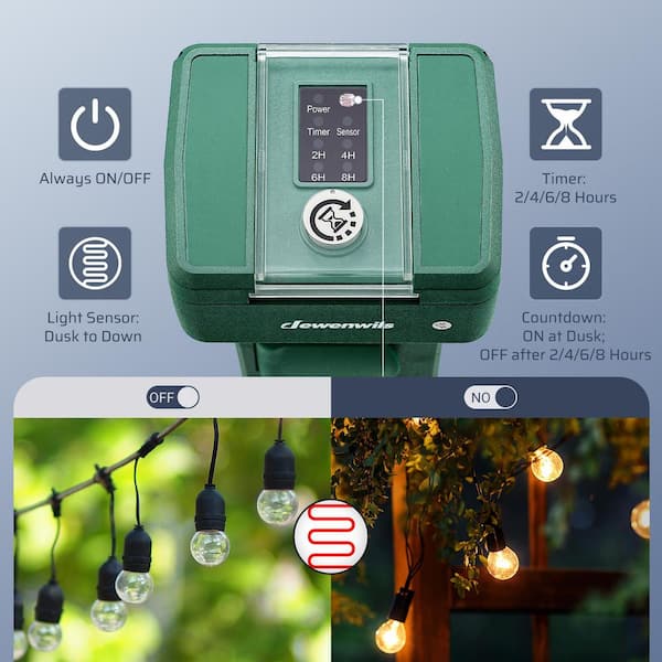 Power Stake Timer With Photocell Sensor, 6FT Extension Cord, 6-Grounded Outlets For Halloween, Christmas Decor Lights