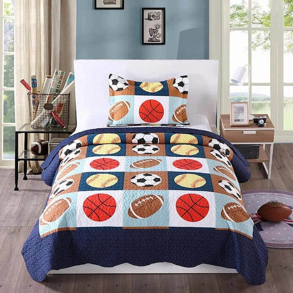 A13 Navy Basketball and Rugby Twin Size Polyester Quilt Bedspread Set
