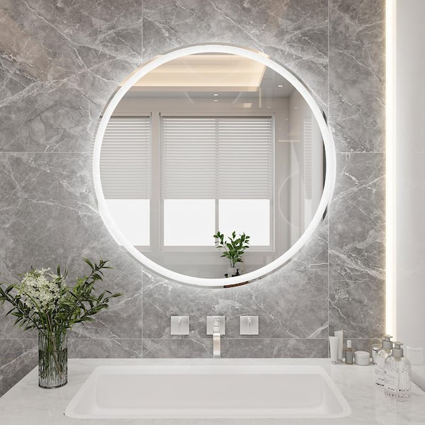 Zeus & Ruta 24 in. W x 24 in. H Middle Round Frameless LED Light Wall Bathroom Vanity Mirror in Silver